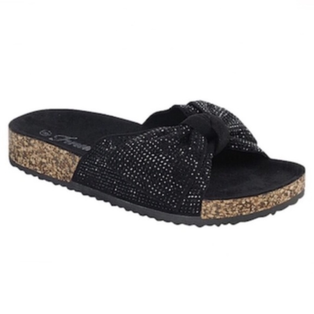 Embellished Bow Cork Slides in Black - Picture 2 of 6